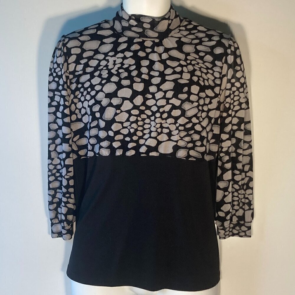 Forever SZ L Black mesh abstract print mock turtleneck long sleeve top classic